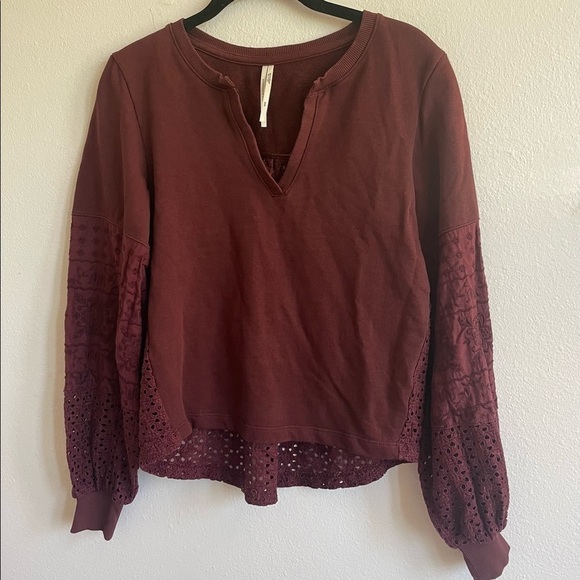 ANTHROPOLOGIE MAROON EYELET COTTON Y-NECKLINE SWEATSHIRT - Picture 3 of 8